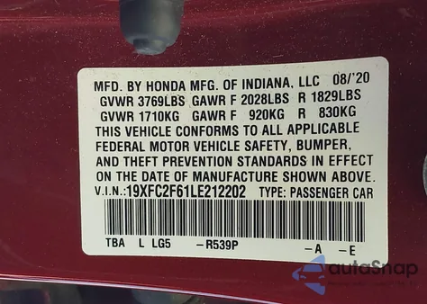 2020 Honda Civic Lx z USA, uszkodzony, nr VIN 19XFC2F61LE212202